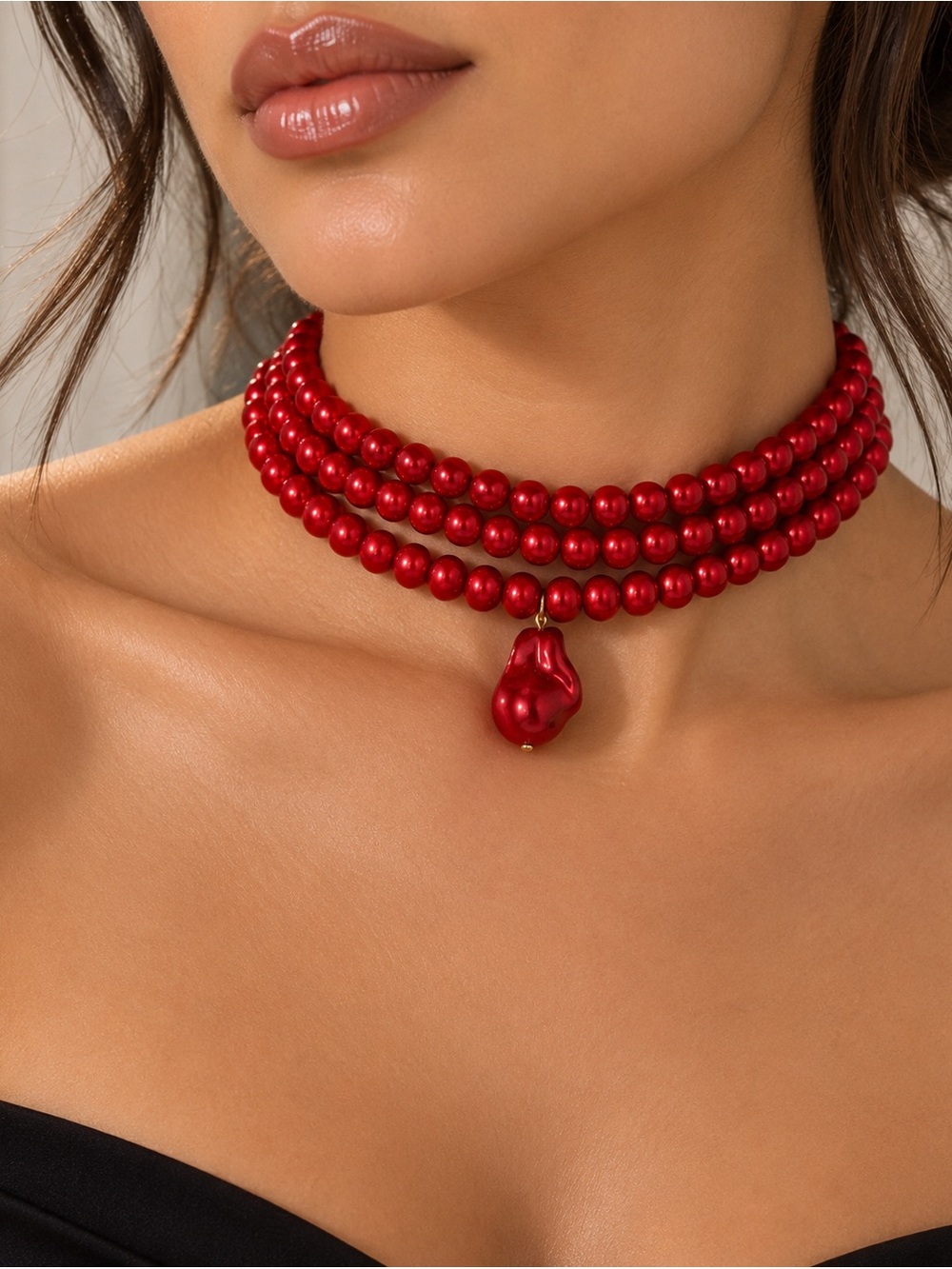 Red Pearl Multi-Strand Choker Necklace with Pendant